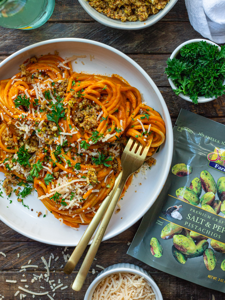 Creamy Vegan Roasted Red Pepper Pasta with Cheesy Pistachio Breadcrumbs