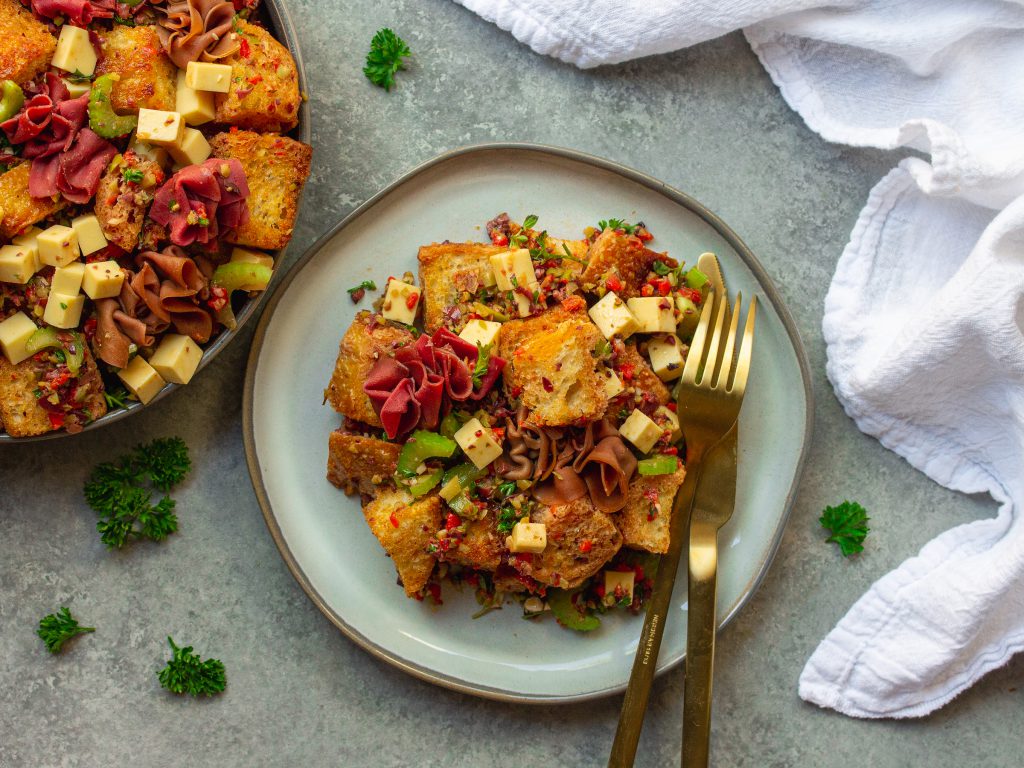 Vegan Muffaletta Panzanella Salad