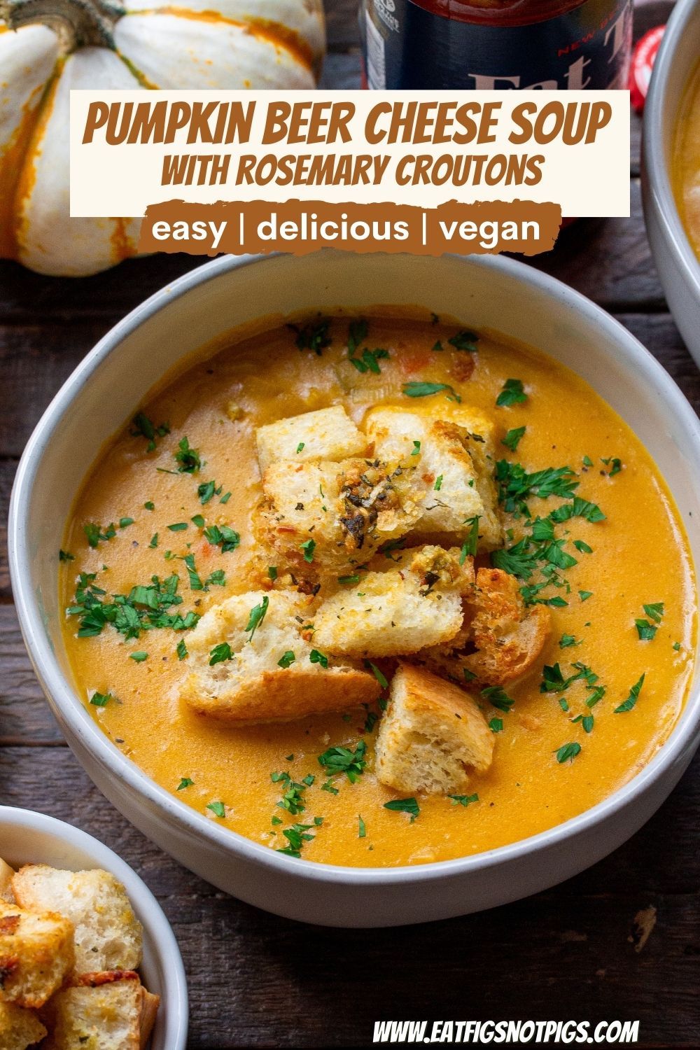 Pumpkin Beer Cheese Soup with Rosemary Croutons