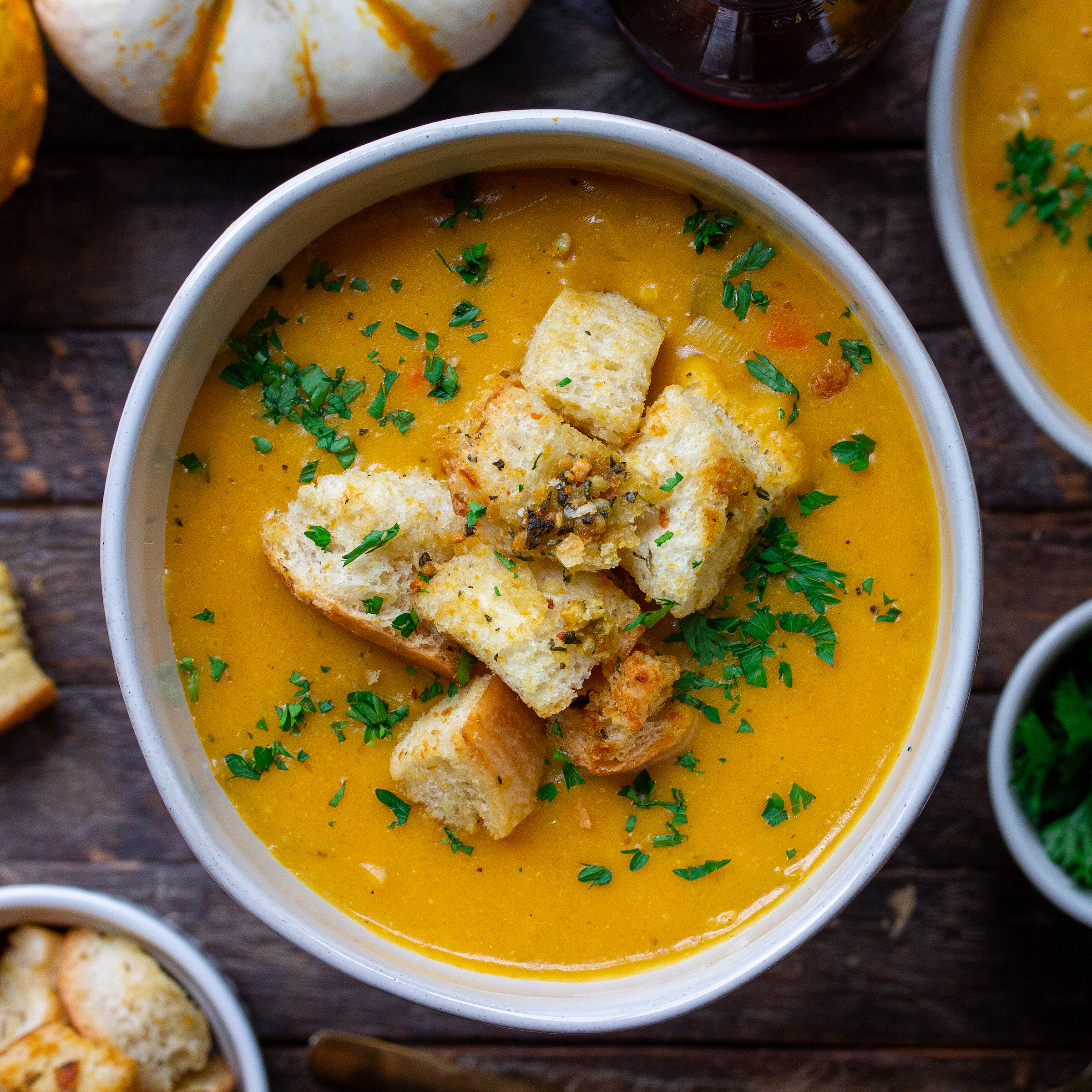 Pumpkin Beer Cheese Soup with Rosemary Croutons