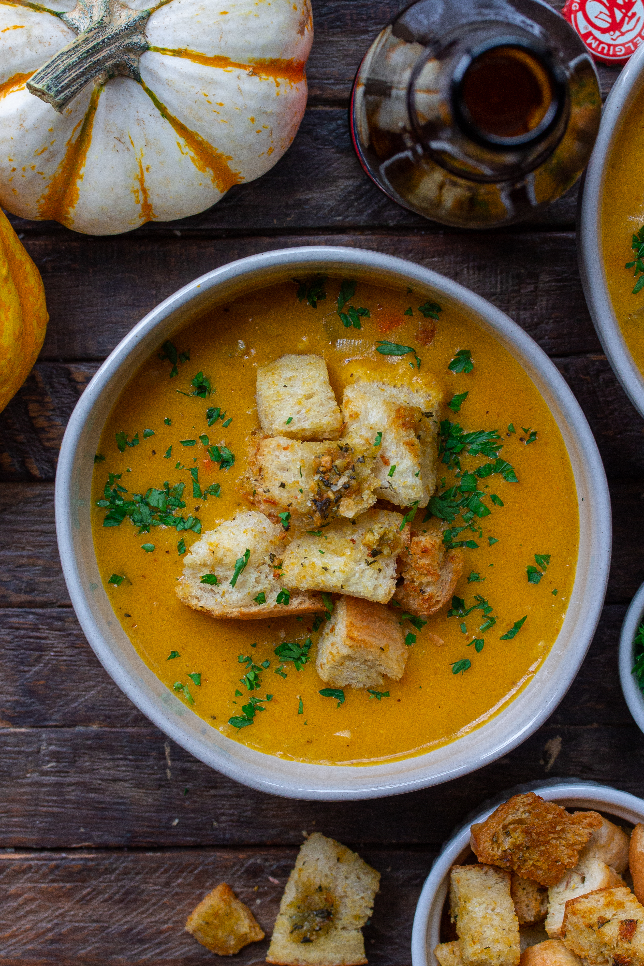 Pumpkin Beer Cheese Soup with Rosemary Croutons 