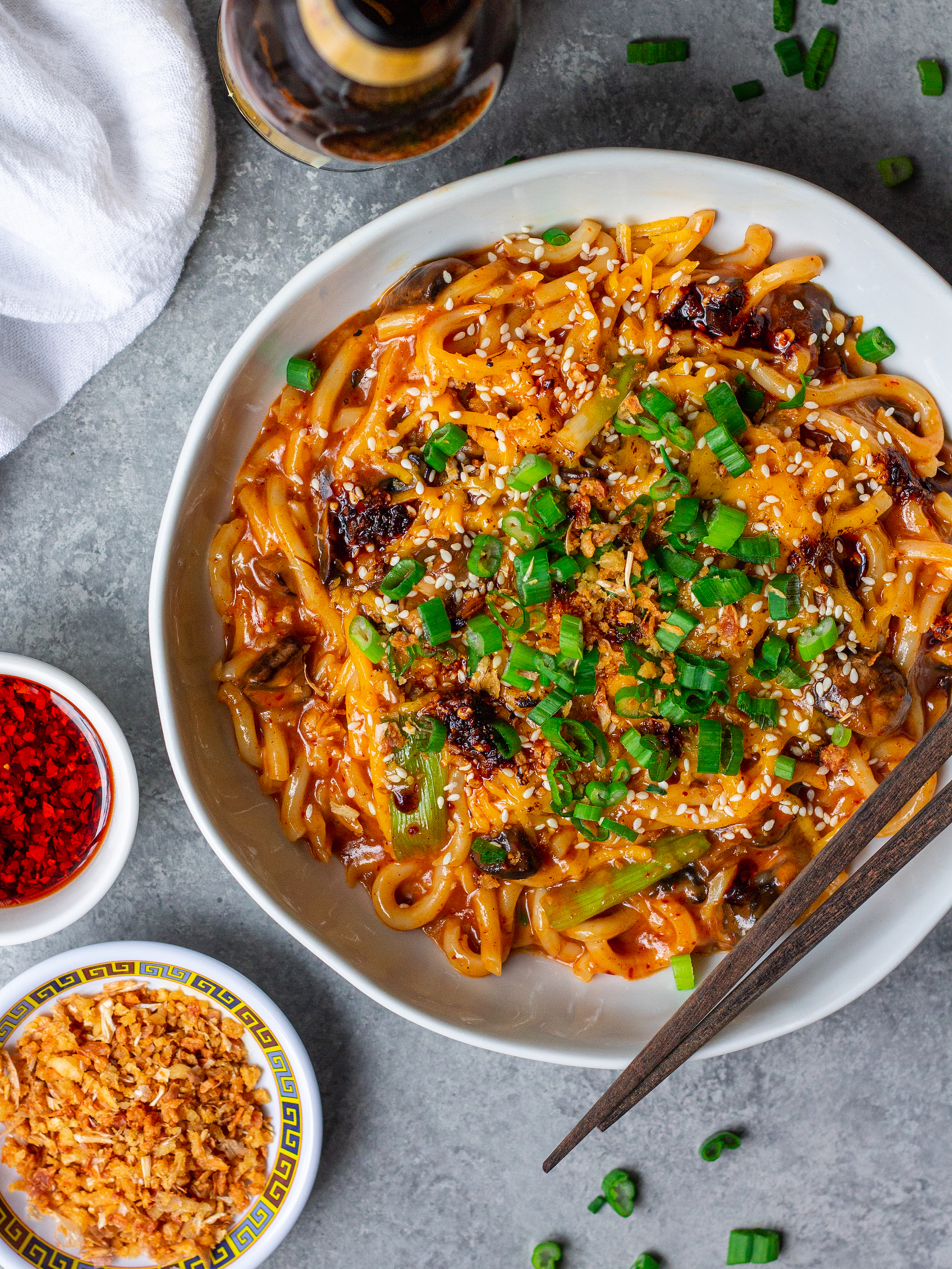 Cheesy Vegan Gochujang Udon Noodles