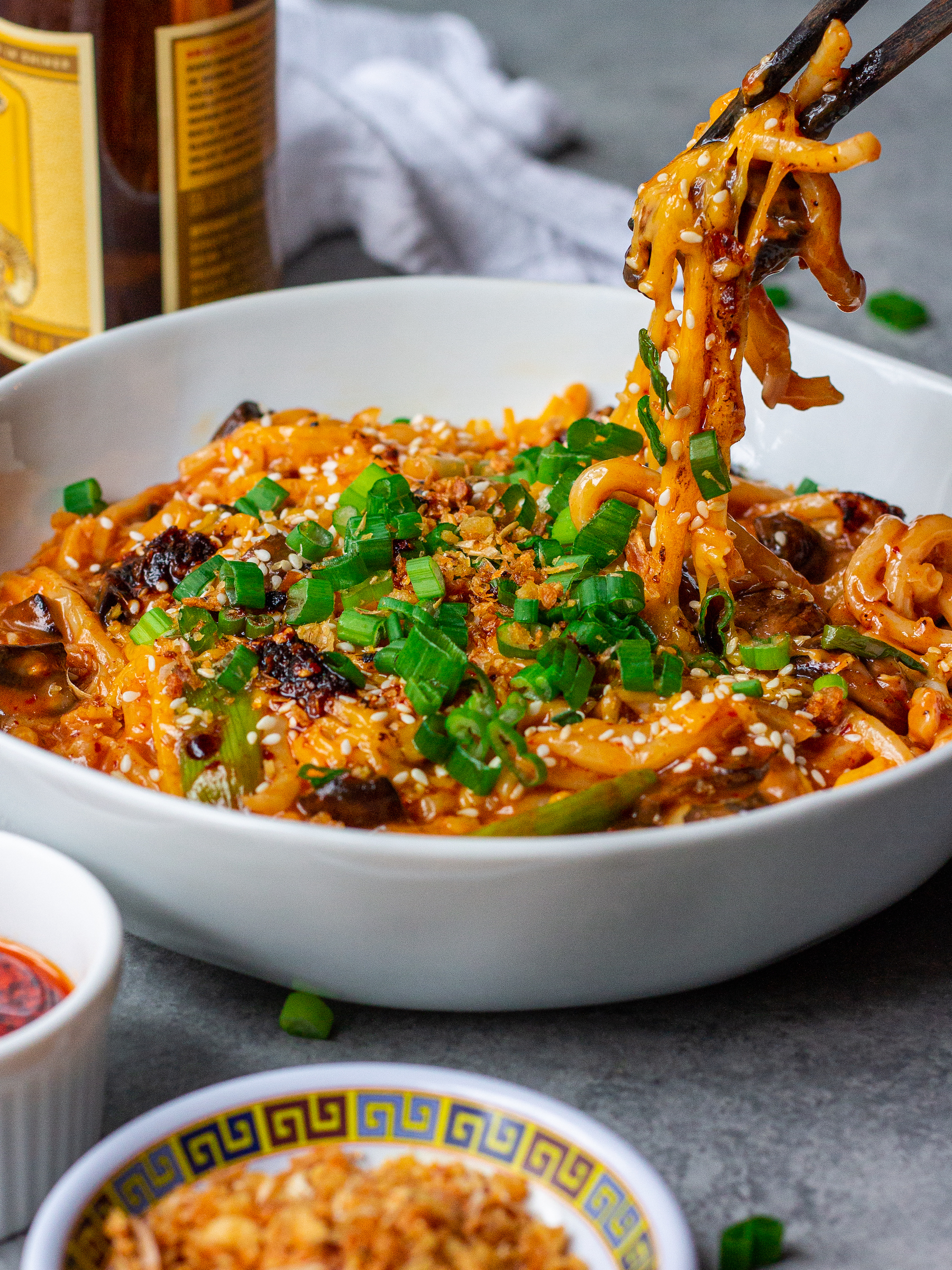 Cheesy Vegan Gochujang Udon Noodles