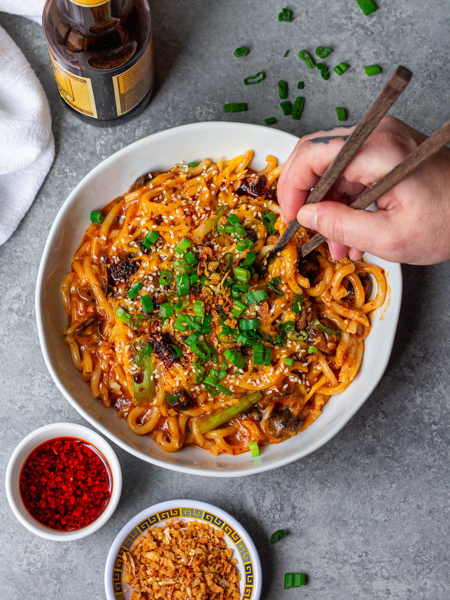 Cheesy Vegan Gochujang Udon Noodles