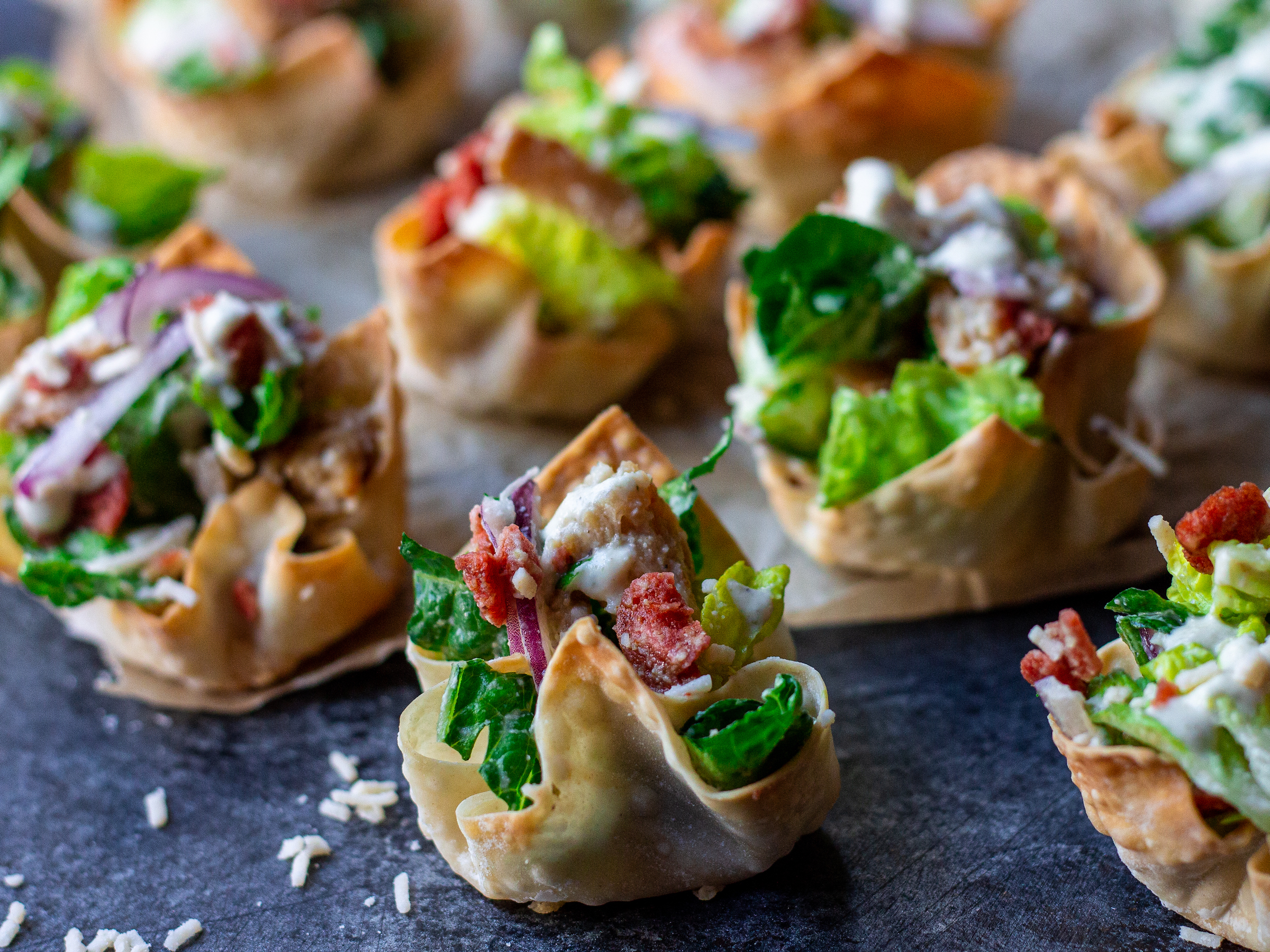 Vegan Chick’n Caesar Salad Wonton Cups