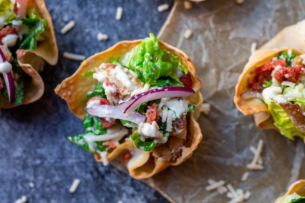Vegan Chick’n Caesar Salad Wonton Cups