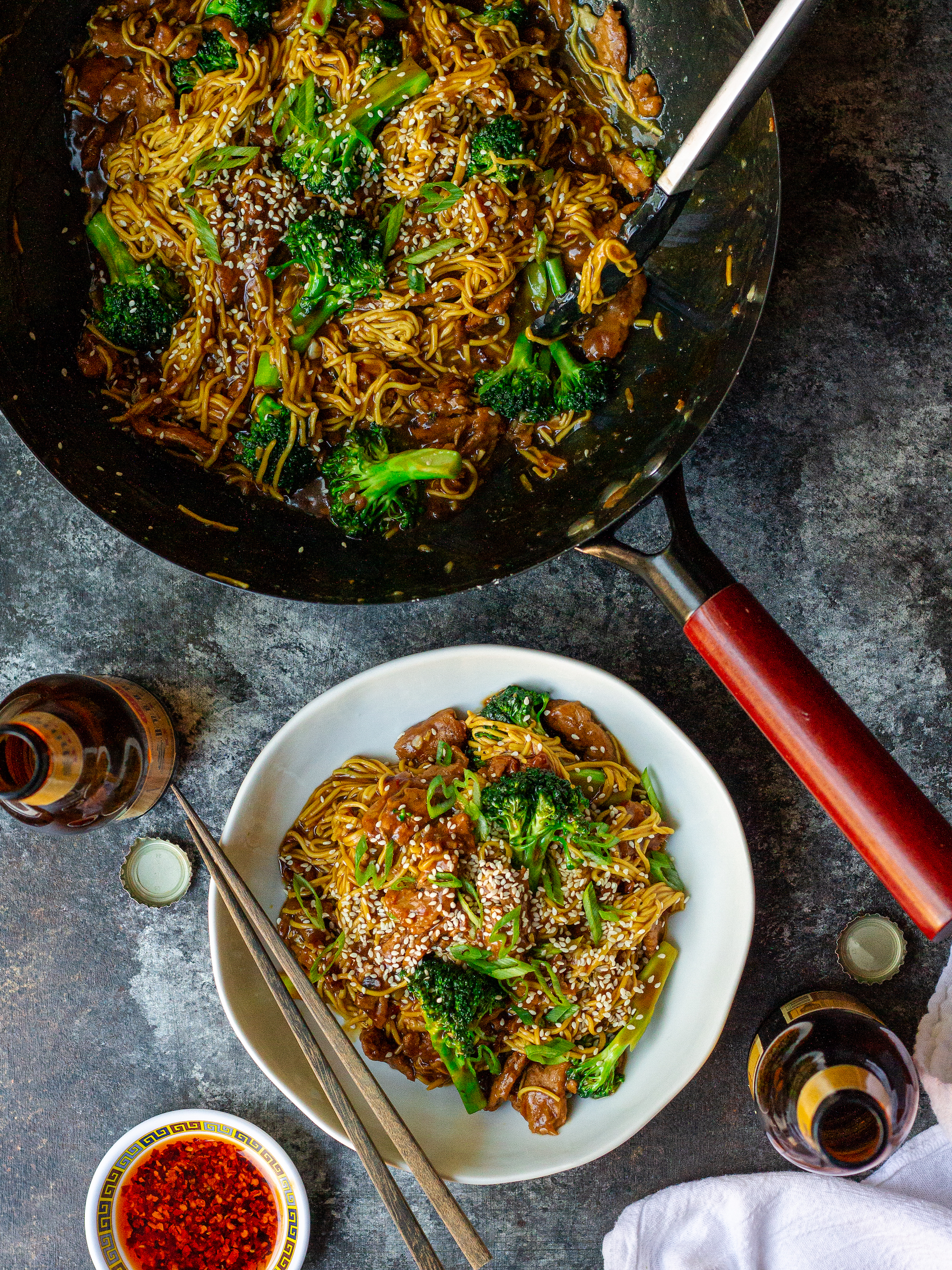 vegan beef and broccoli noodles