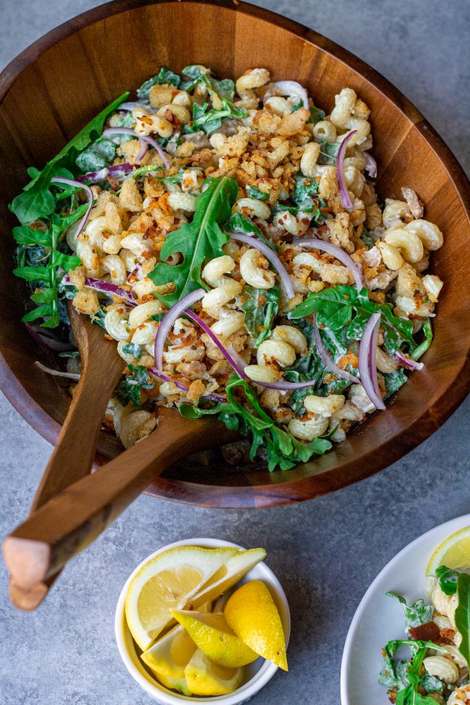 vegan chicken caesar pasta salad