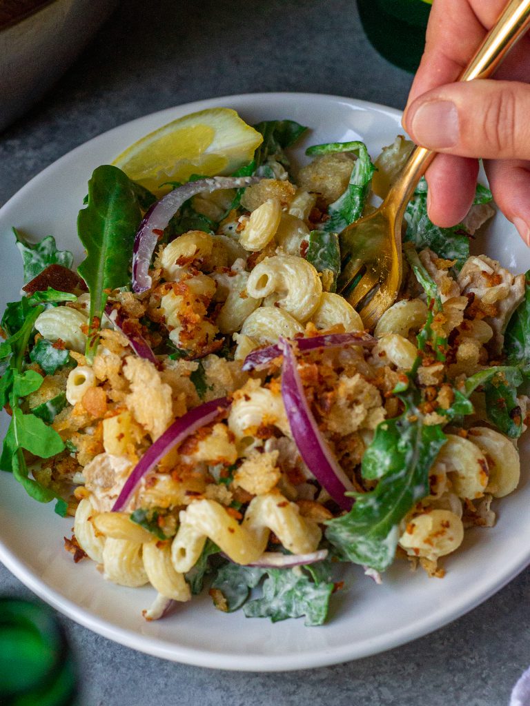 vegan chicken caesar pasta salad