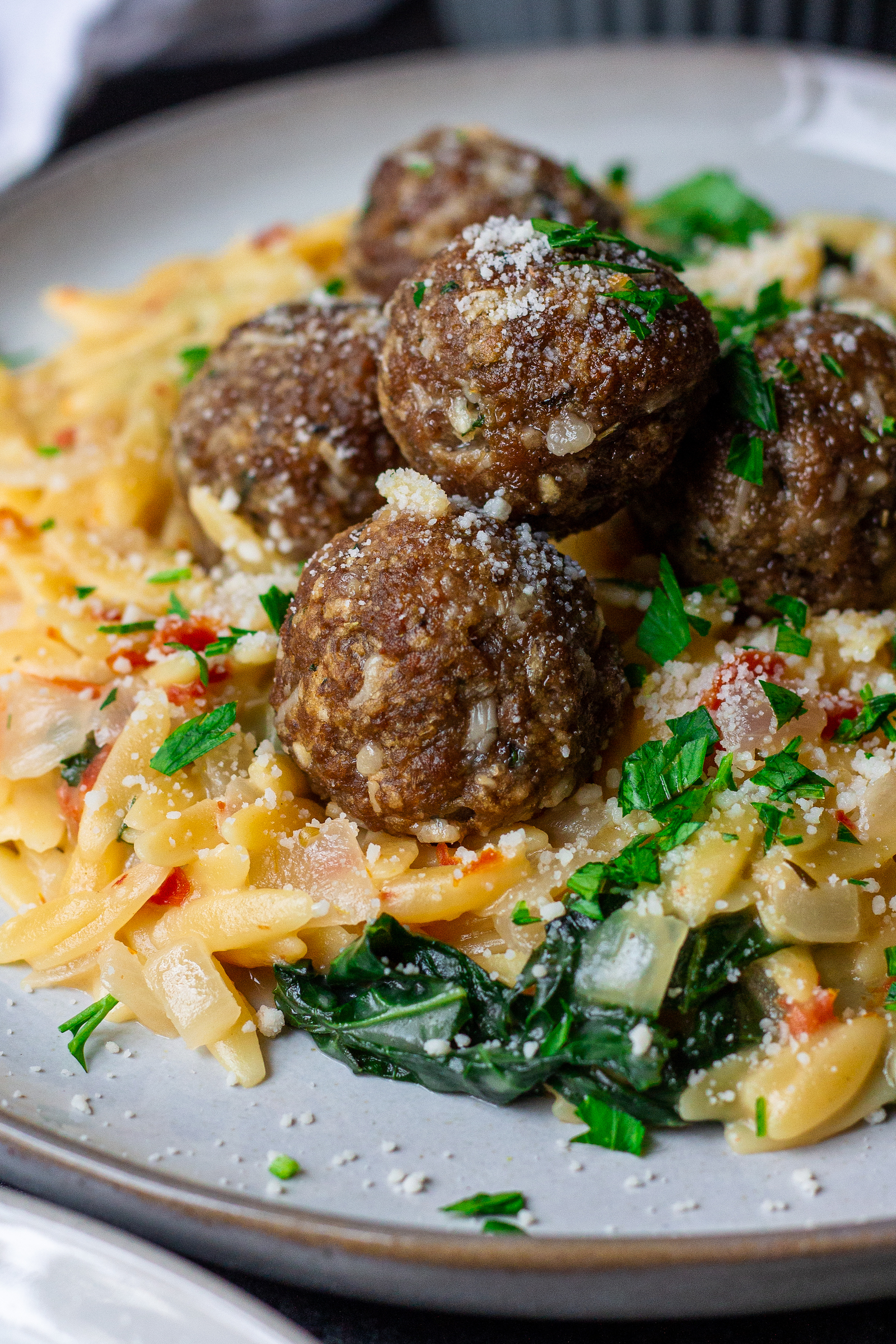 vegan meatballs with creamy orzo