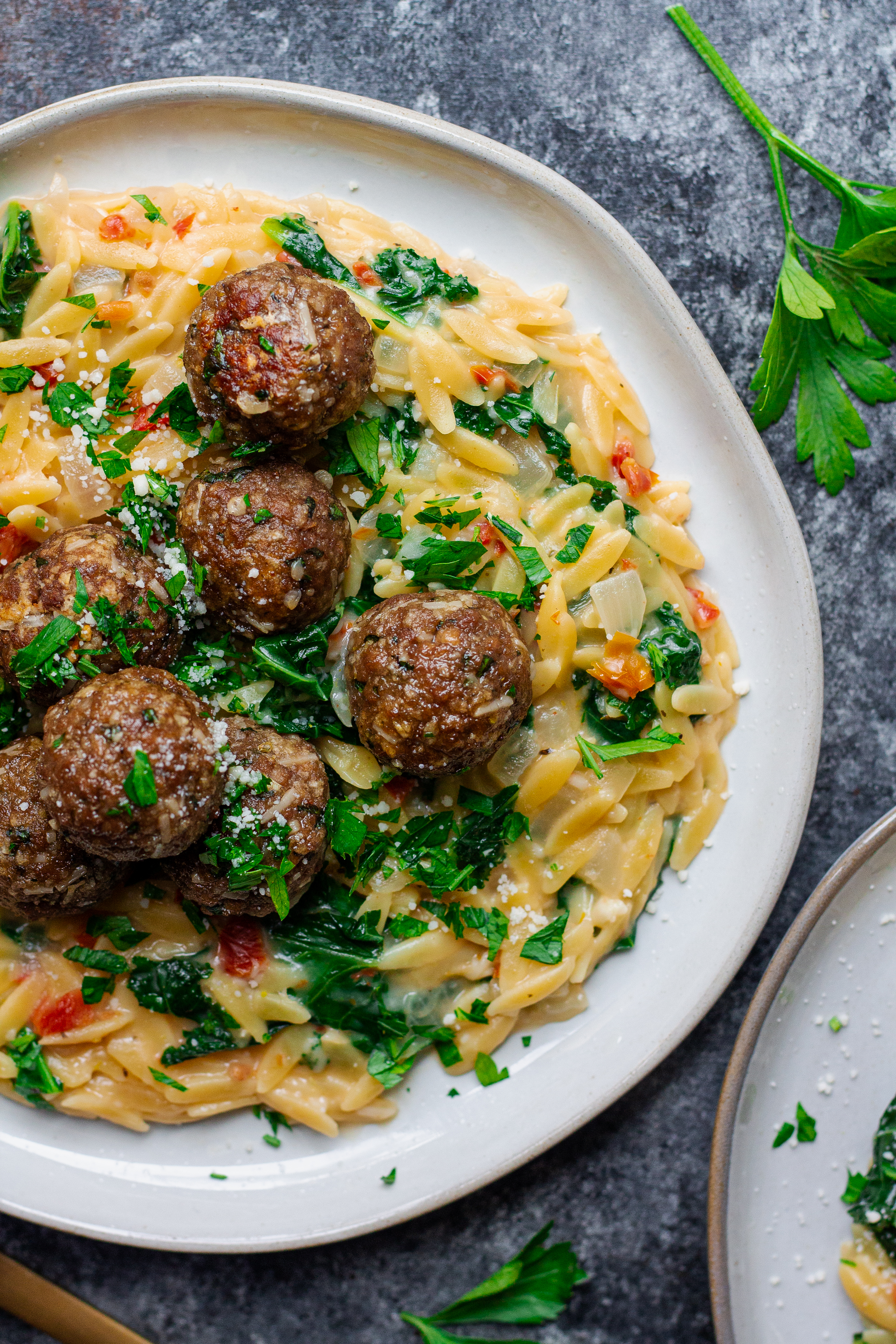 vegan meatballs with creamy orzo