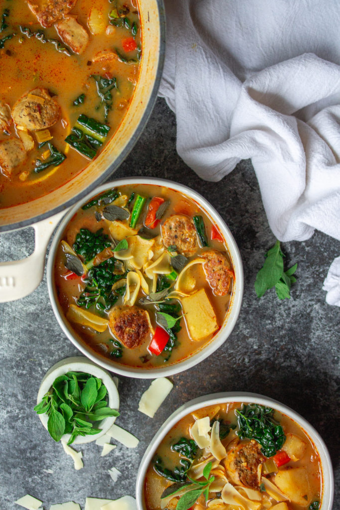 image of smoky sausage, potato, and white bean soup