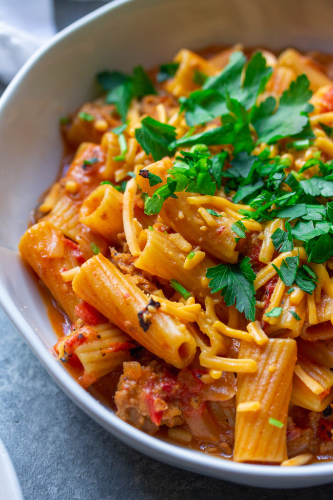 image of homemade cheesy hamburger helper
