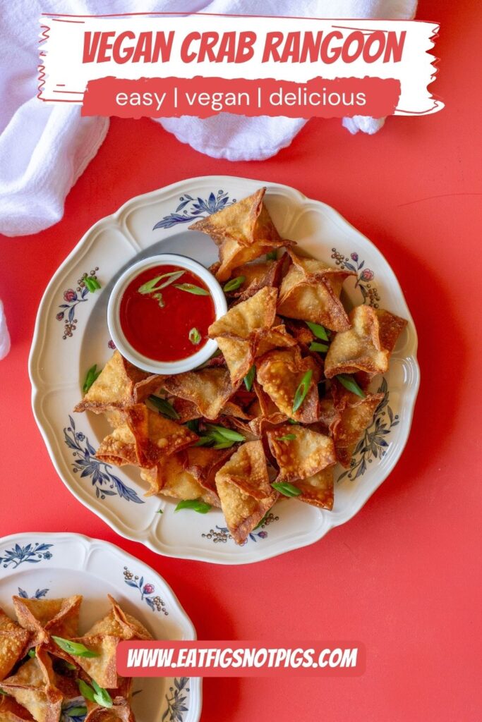 Completed Vegan Crab Rangoon, garnished with chopped chives, and served with sweet chili sauce.
