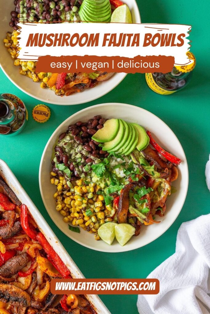 Vegan Mushroom Fajita Bowl with cilantro lime rice, roasted portobello mushrooms, black beans, corn, avocado, and drizzled with cilantro lime crema.
