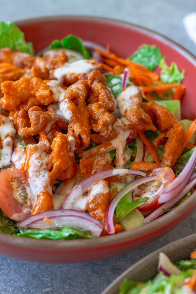 Buffalo Chicken Salad in a bowl, garnished with fresh dill.