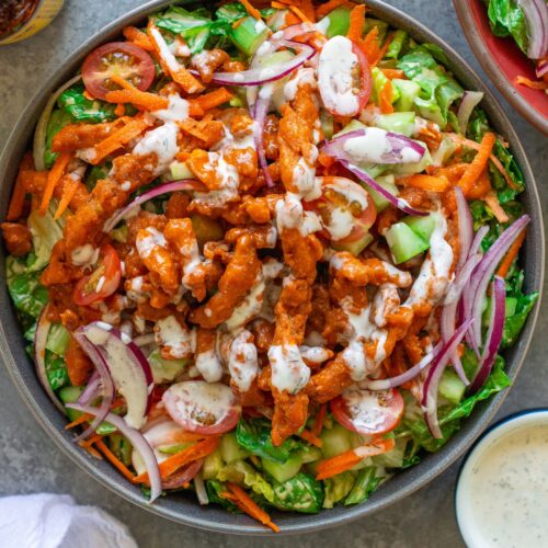 Buffalo Chicken Salad in a bowl, garnished with fresh dill.