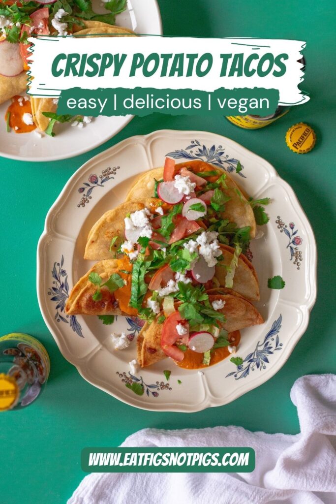 Homemade crispy potato tacos served with garlic tomato sauce and assorted garnishes