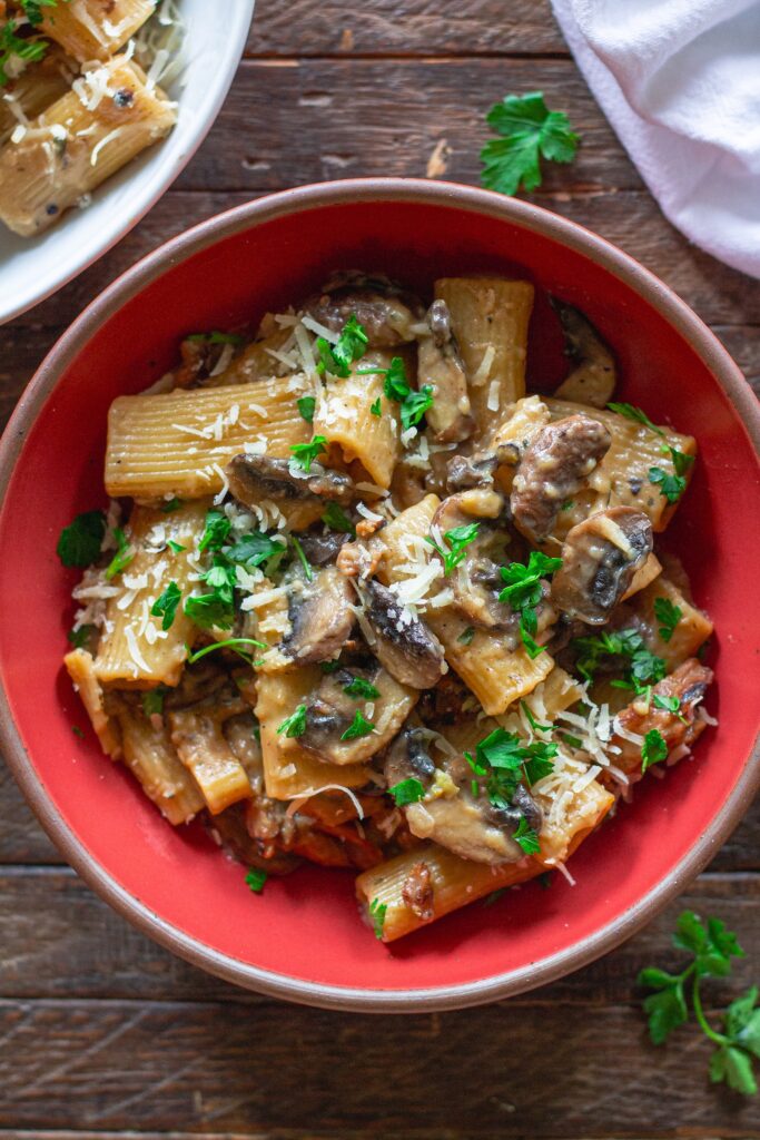 Close-up of creamy mushroom marsala pasta garnished with fresh parsley