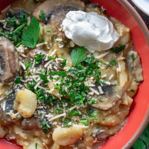 Creamy butter bean and mushroom stroganoff served in a bowl with fresh parsley, parmesan, and a dollop of sour cream.