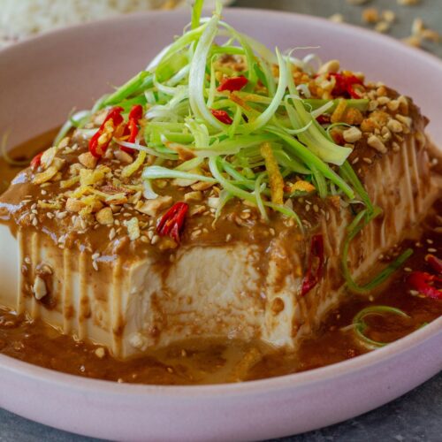 Silken tofu with spicy sesame sauce, topped with green onions, sesame seeds, and crushed peanuts