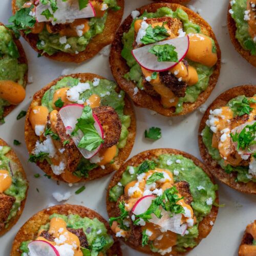 Bite-sized vegan tostadas with guacamole, crispy tofu, chipotle sour cream, and cilantro garnish